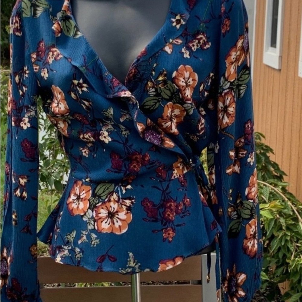 Floral V-Neck Wrap Blouse - Blue